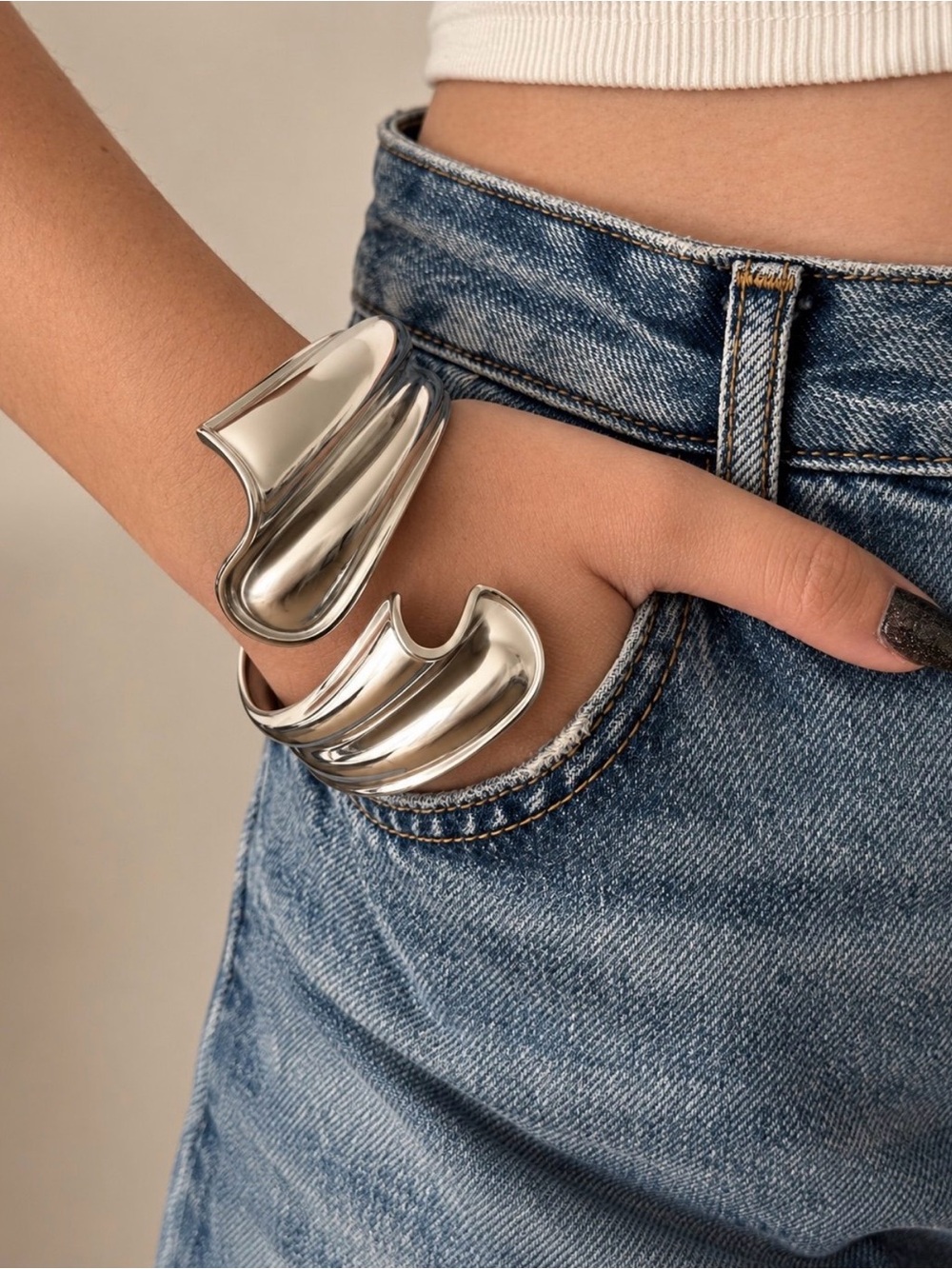 Silver Sculptural Cuff Bracelet Chunky Statement Modern Jewelry